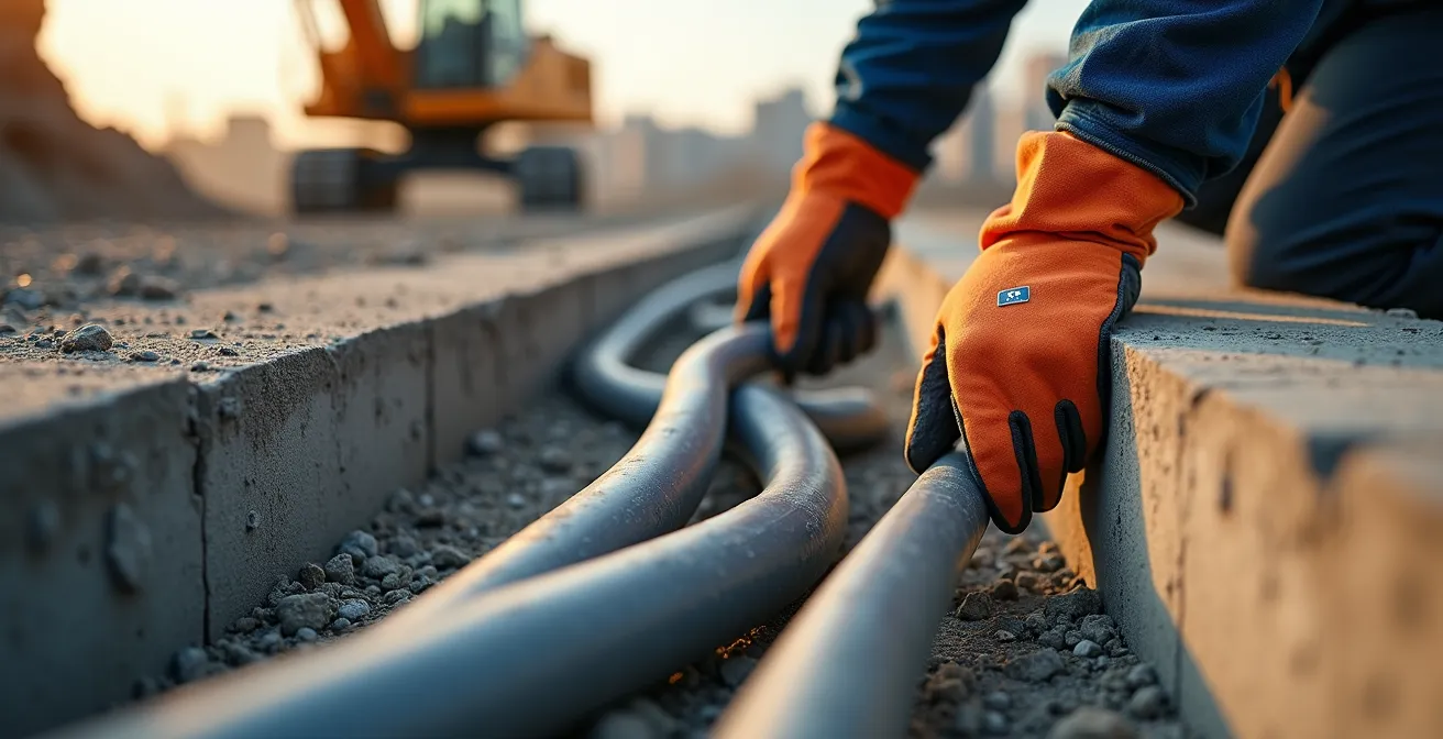 Gros plan sur installation de câbles haute tension dans une tranchée pour zone commerciale