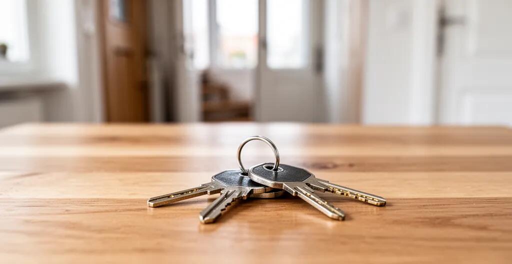 Trousseau de clés sur table en bois symbolisant la remise des clés de location