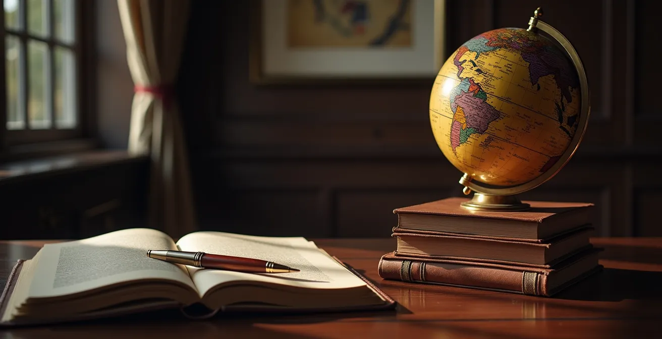 Bureau élégant minimaliste avec mappemonde vintage et carnets de cuir fermés