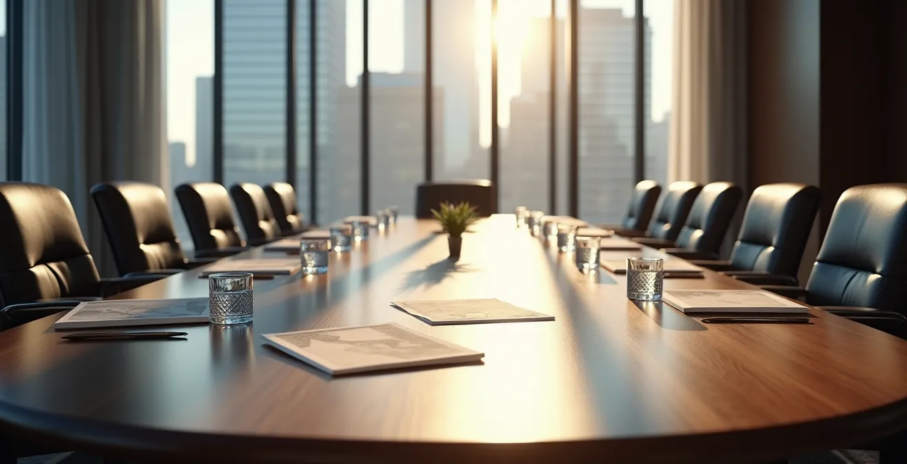 Salle de réunion moderne avec table ovale et sièges vides, documents sans texte visible posés sur la table