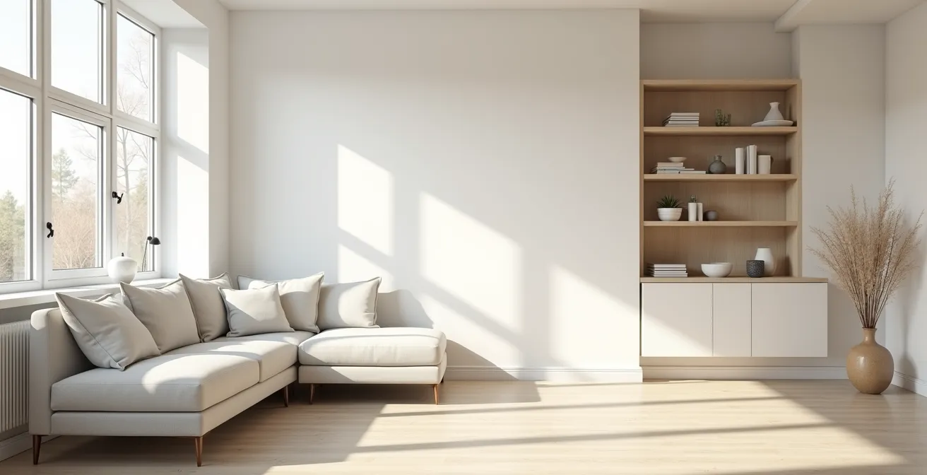 Un salon épuré et lumineux prêt pour la projection mentale de l'acheteur