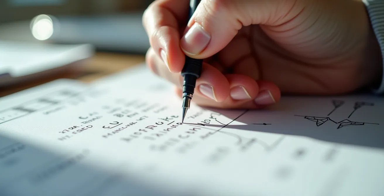 Gros plan sur des mains annotant méticuleusement un procès-verbal de réception avec mesures et croquis de défauts