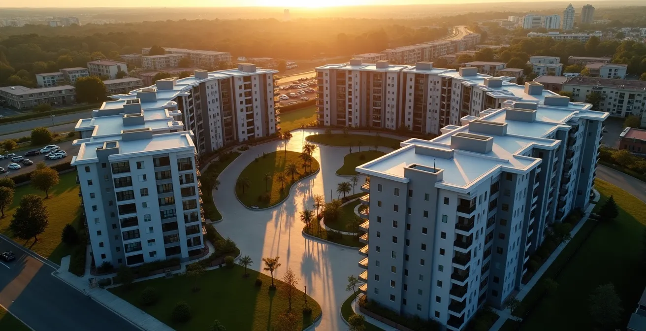 Vue aérienne d'un programme immobilier avec analyse des ombres portées