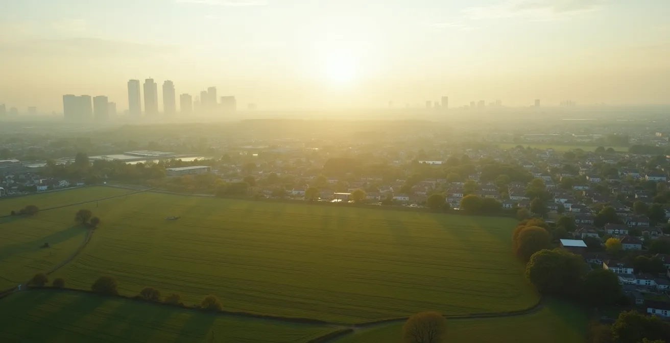 Vue aérienne d'un terrain agricole en périphérie urbaine avec développement immobilier proche