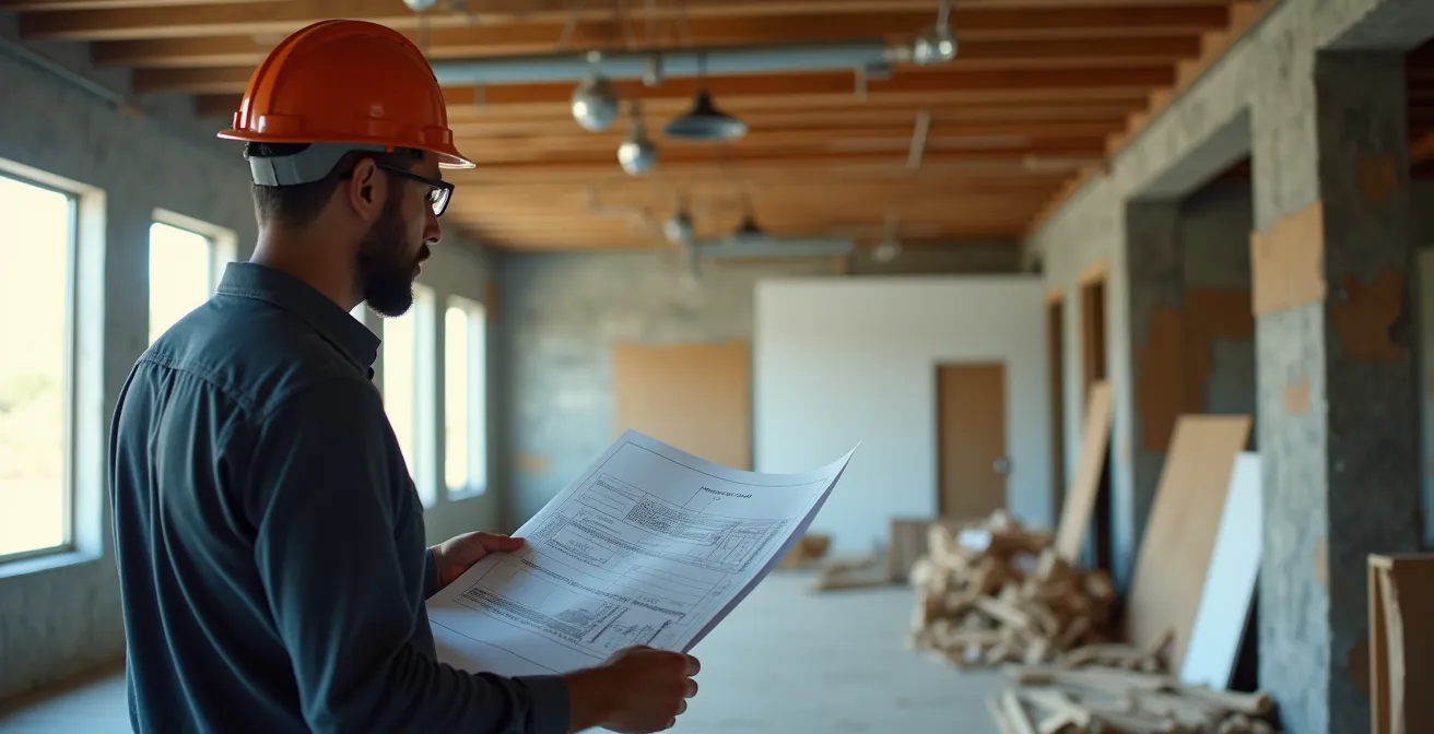 Espace de bureaux en cours de transformation avec plans d'architecte et matériaux de construction