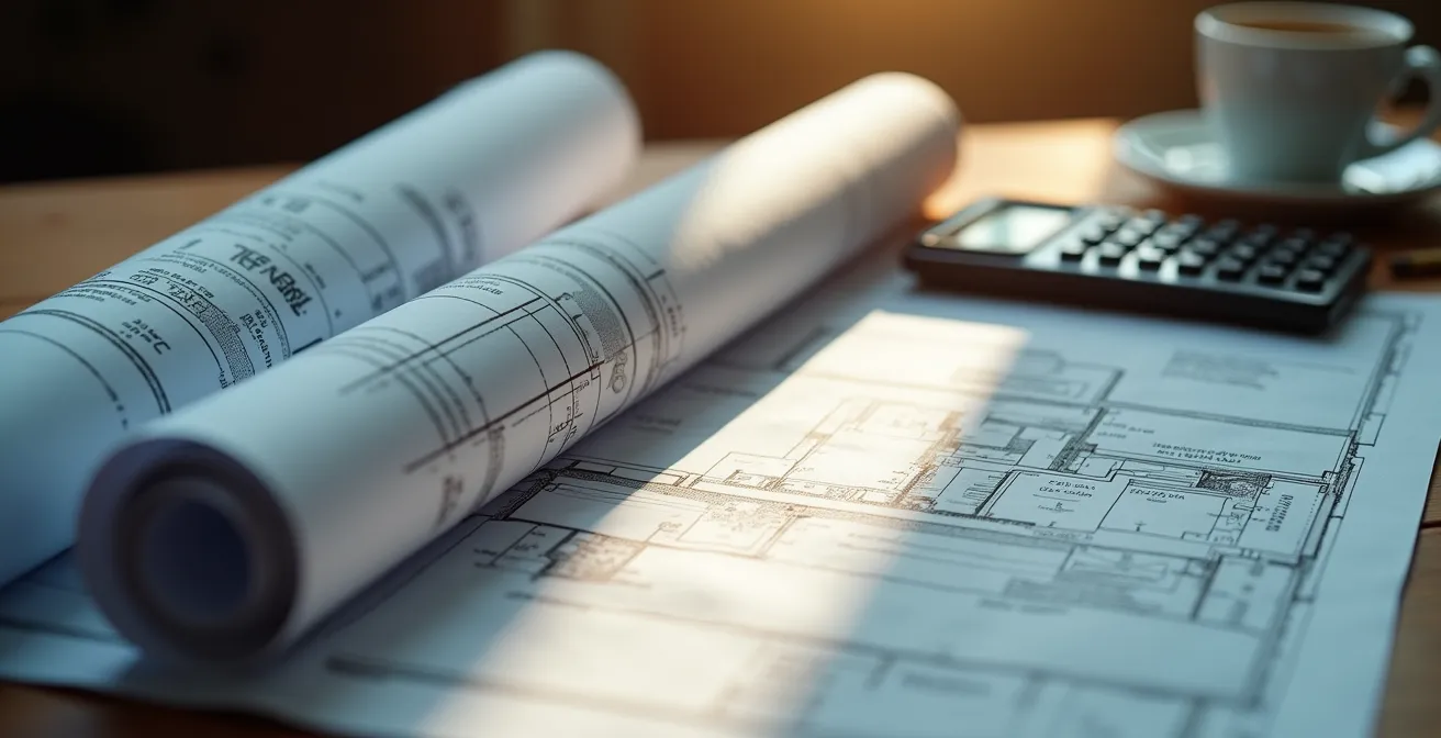 Gros plan sur des documents fiscaux avec calculatrice et plans de rénovation énergétique en arrière-plan