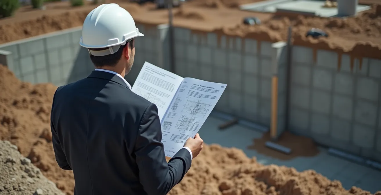 Personne inspectant un chantier de construction avec documents de vérification