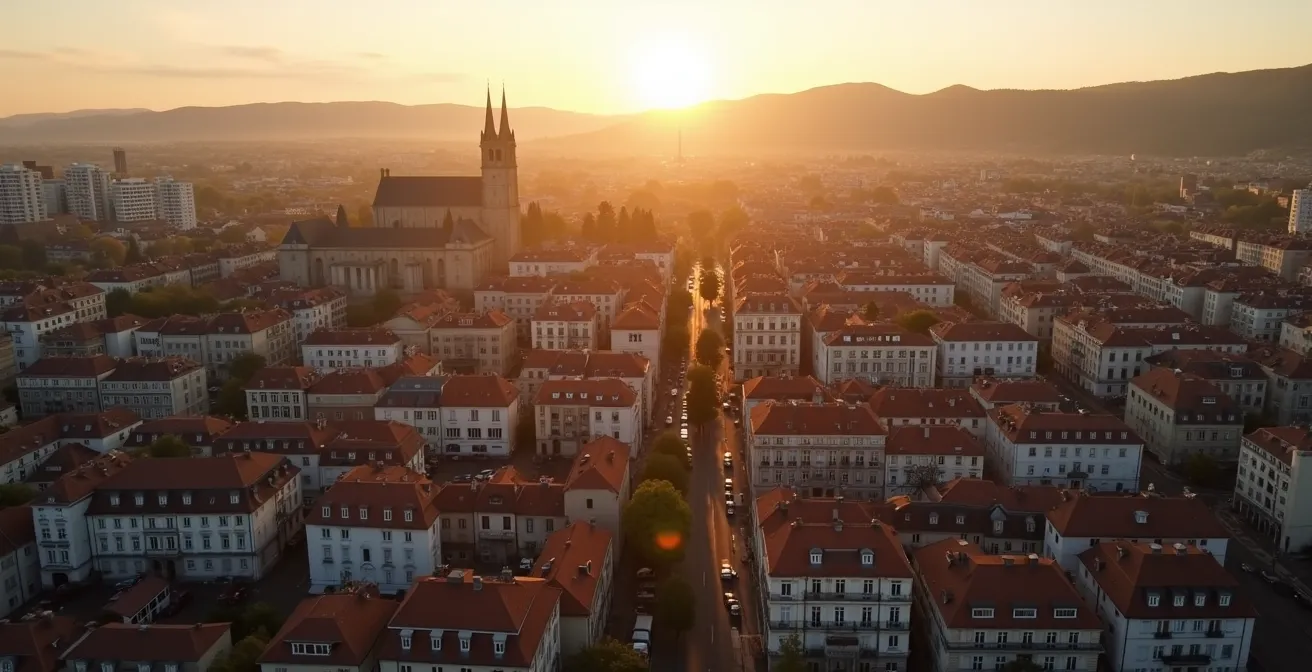 Vue aérienne d'une ville moyenne française montrant le centre historique et les quartiers résidentiels