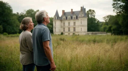 Couple observant la façade d'un château ancien à rénover dans un parc envahi d'herbes