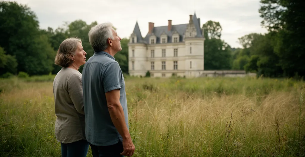 Couple observant la façade d'un château ancien à rénover dans un parc envahi d'herbes