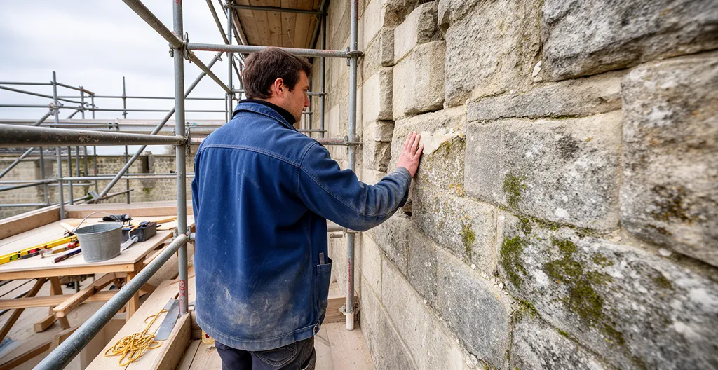 Ouvrier inspectant un mur en pierre d'un château depuis un échafaudage métallique