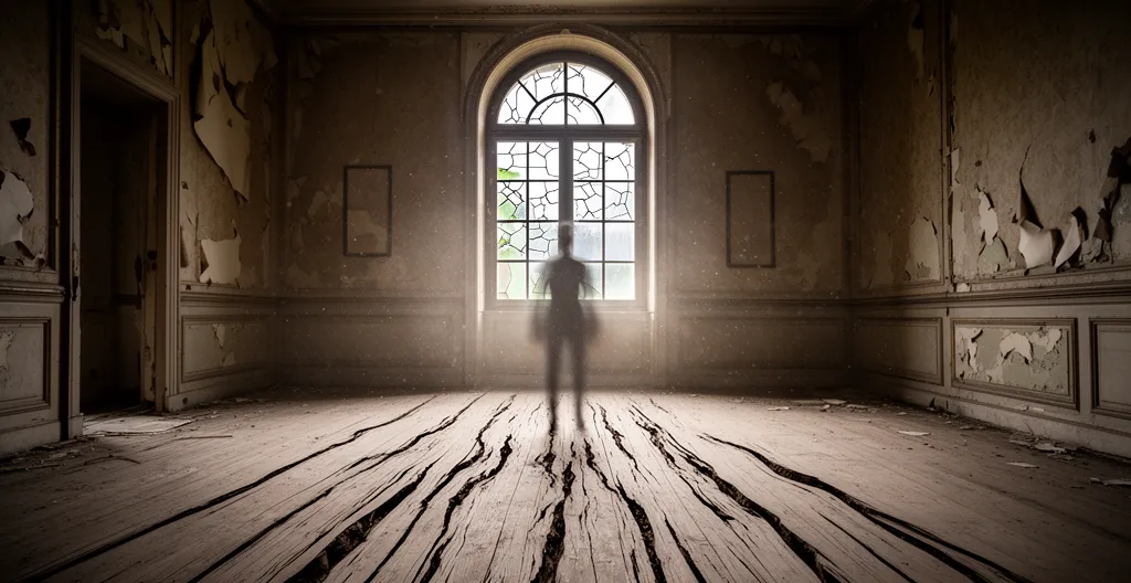 Intérieur délabré d'une grande pièce de château avec parquet gondolé et lumière naturelle