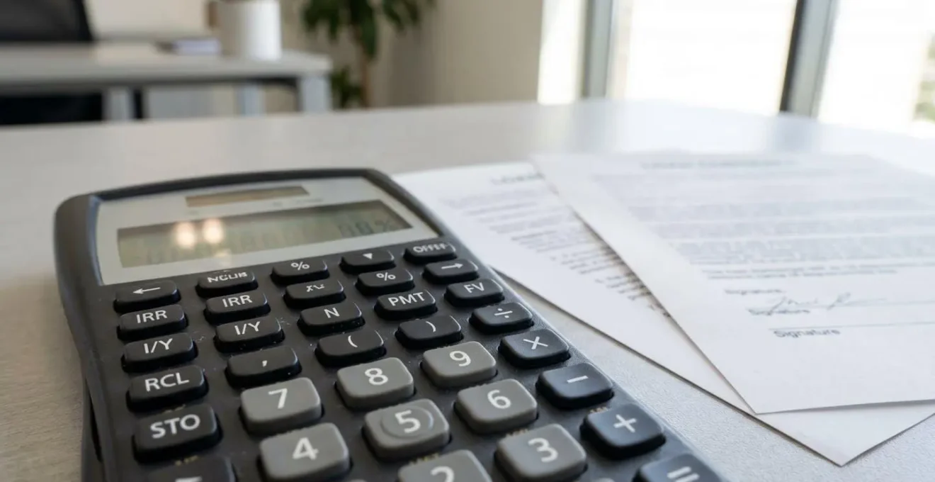 Gros plan sur une calculatrice posée sur un bureau contemporain avec des documents de contrat de prêt floutés en arrière-plan