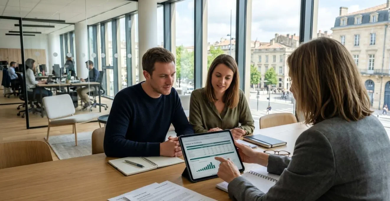 Un courtier et un couple de clients examinent ensemble des documents de simulation de crédit immobilier sur une tablette dans un bureau lumineux à Bordeaux
