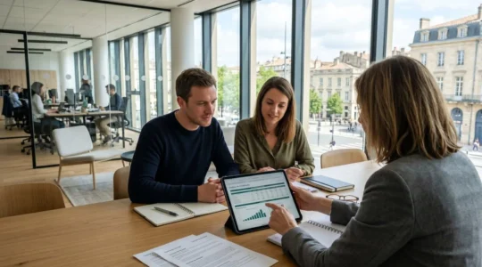 Un courtier et un couple de clients examinent ensemble des documents de simulation de crédit immobilier sur une tablette dans un bureau lumineux à Bordeaux