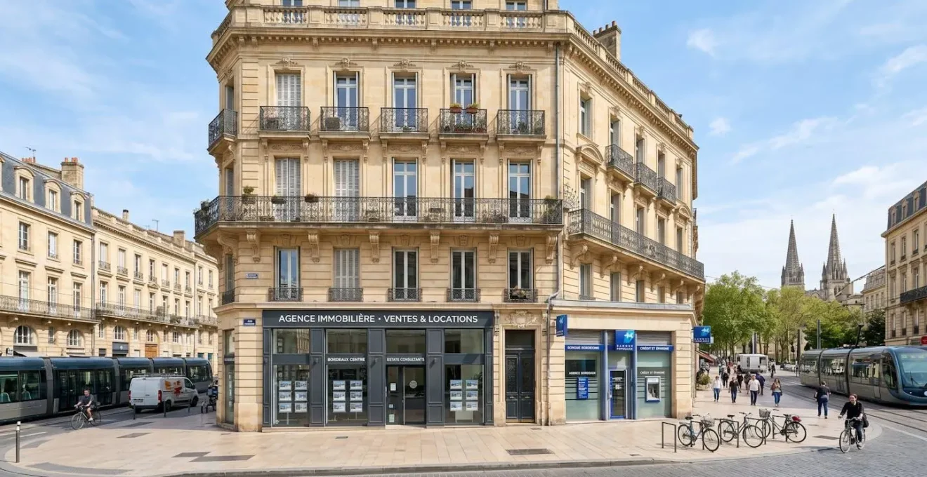 Façade d'un immeuble haussmannien typique en pierre blonde avec balcons en fer forgé et vitrine d'agence au rez-de-chaussée dans une rue de Bordeaux