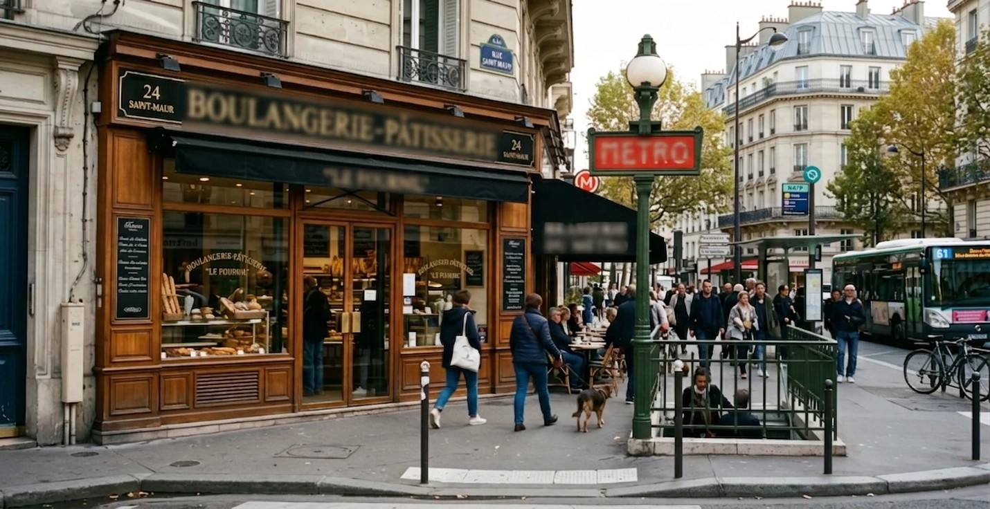 Façade de local commercial français avec infrastructure de transport public en arrière-plan
