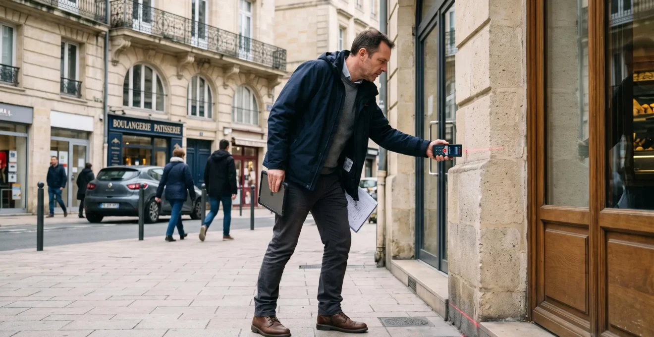 Évaluateur immobilier effectuant des mesures techniques sur la façade d'un local commercial