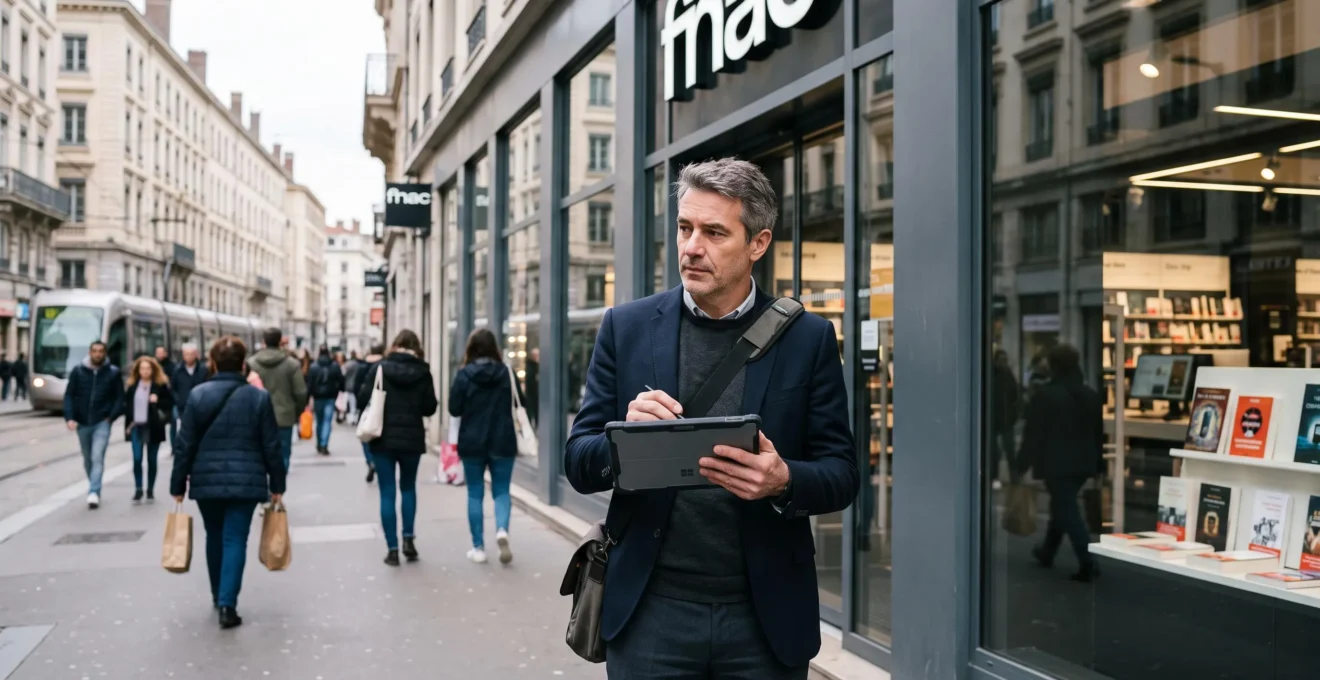 Expert immobilier évaluant le flux piéton devant une vitrine commerciale en France