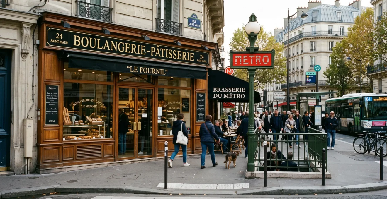 Façade de local commercial français avec infrastructure de transport public en arrière-plan