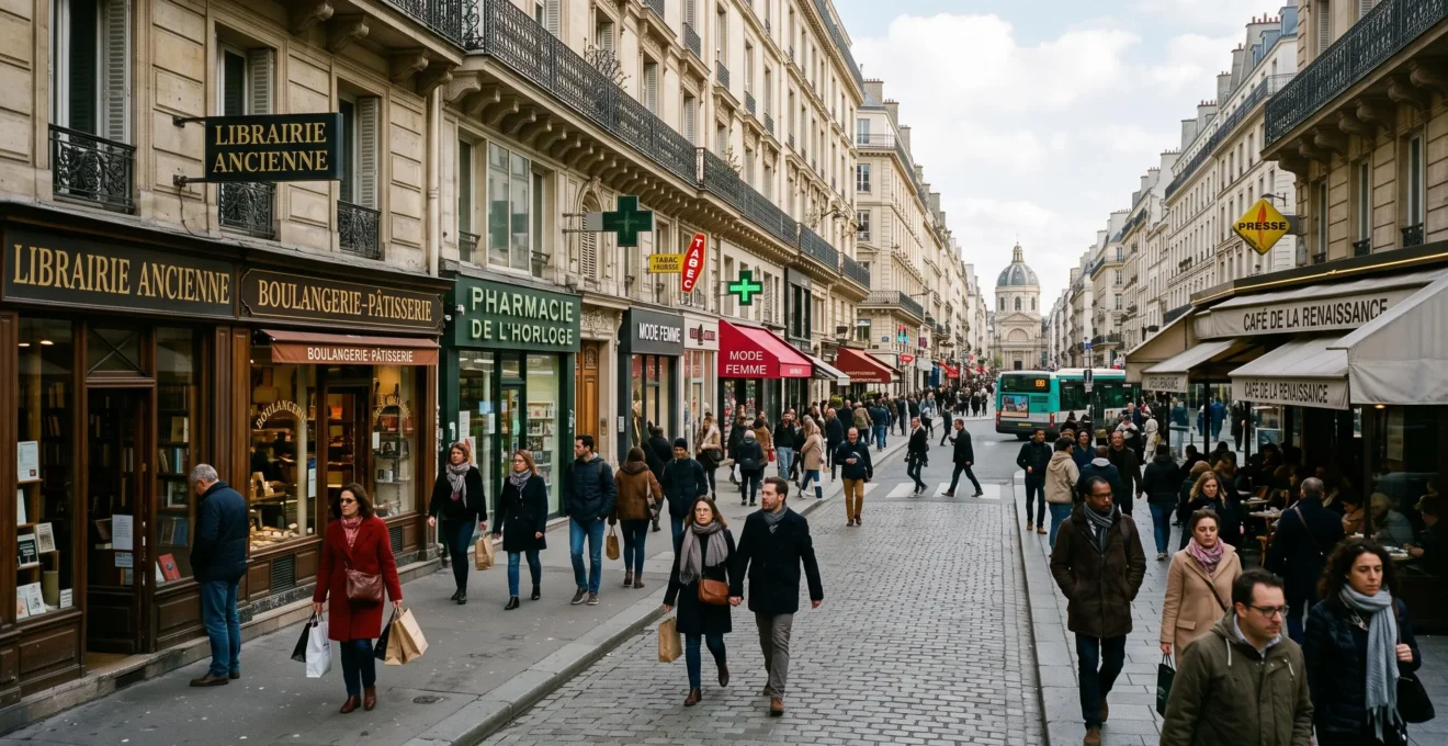 Rue commerçante française animée avec flux piéton naturel et vitrines de commerces