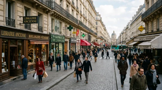 Rue commerçante française animée avec flux piéton naturel et vitrines de commerces
